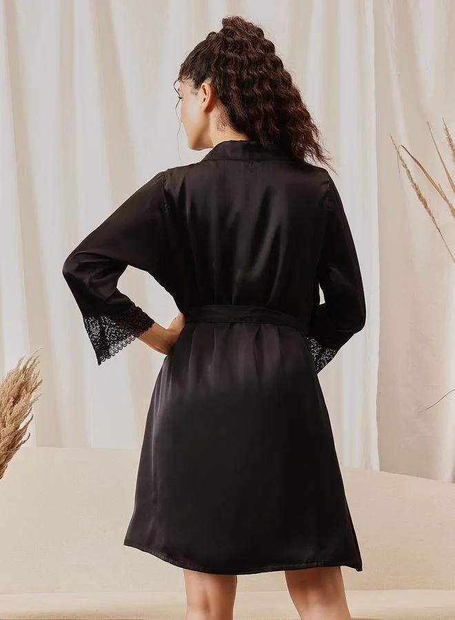 Clovia  Women Black Padded Satin Nightdress with Robe Set for Women | Best Price UAE